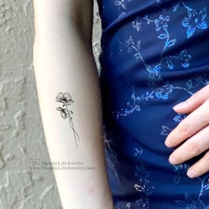 Poppy Flower Tattoo | Small Floral Temporary Tattoo | Black Ink Flower Temporary Tattoos | Wrist Tattoo | Flower Tattoo | Temporary Tattoo