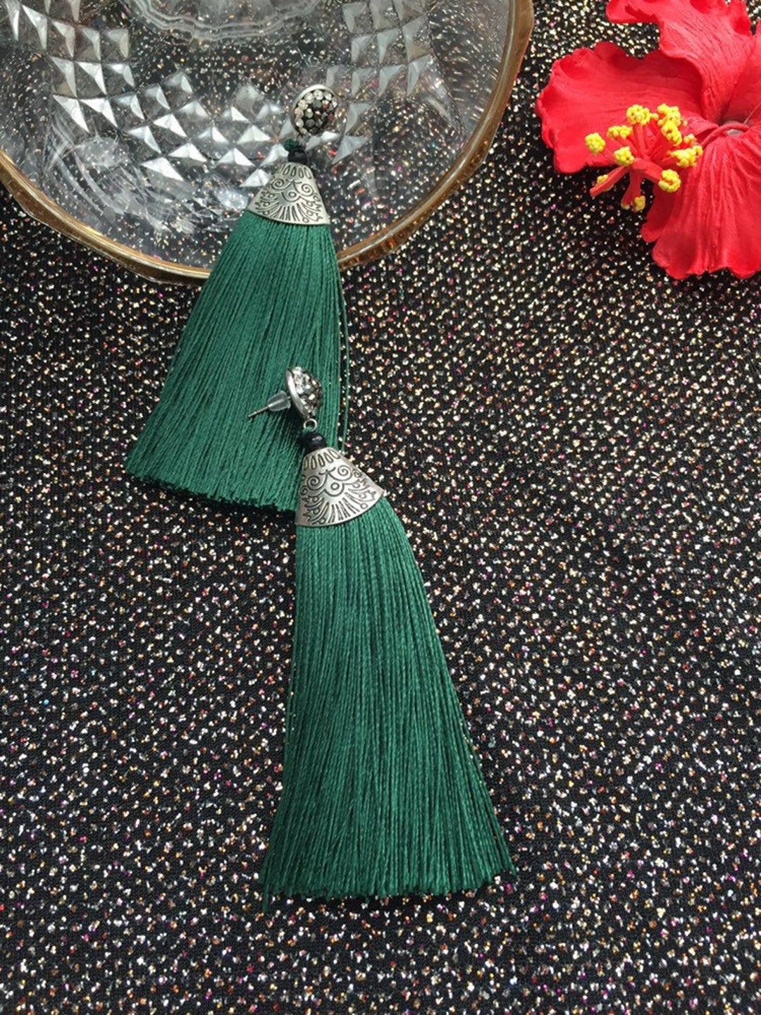 Tassle Earrings, Drop Earrings, Handmade Earrings in Forest Green Color ...