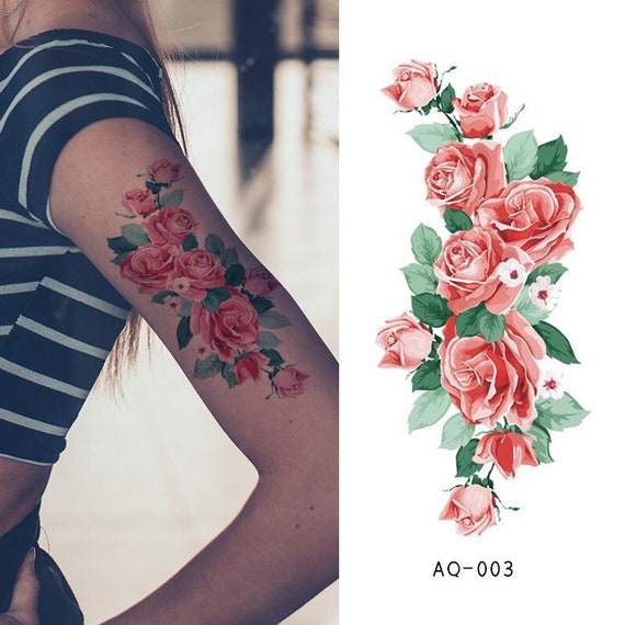 Tatuaje temporal floral grande / Tatuaje floral / rosas rojas - Etsy España