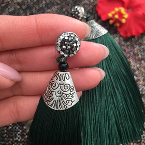 Tassle Earrings, Drop Earrings, Handmade Earrings in Forest Green Color ...