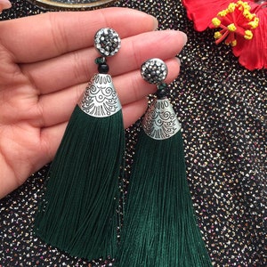 Tassle Earrings, Drop Earrings, Handmade Earrings in Forest Green Color ...