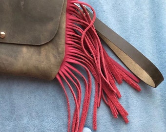 Distressed grey and hot pink Leather fringe wristlet with detachable wrist strap / Hand made leather wristlet / Boho leather clutch