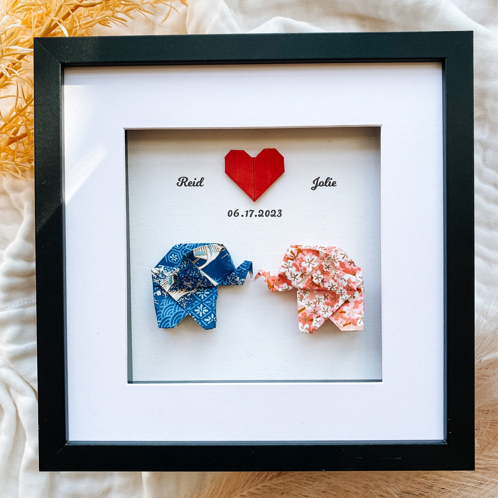 Personalised Origami Elephant 3D Frame: Wedding Anniversary Gift Engagement Gift Paper Anniversary Gift First Anniversary Keepsake