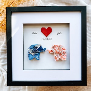Cornice 3D personalizzata con elefante origami: regalo per anniversario di matrimonio, regalo di fidanzamento, regalo di anniversario di carta, ricordo del primo anniversario