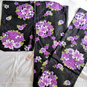 Japanese Yukata, Summer Kimono, Cotton Kimono, Bath Robe, Purple Floral on Black image 2