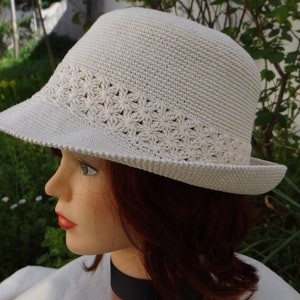 Handmade crocheted women&#39;s summer hat in ecru cotton, openwork flower pattern headband, moldable, flexible, foldable and washable