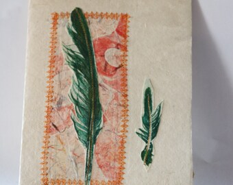 Large embroidered cards - Unique and original cards with artisanal embroidery, green feather pattern with red and gold background