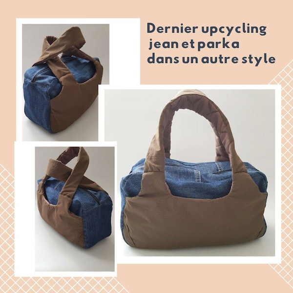 Sac jean fait main, upcycling jean et toile déperlante kaki, anses porté main, sac à main design eco fashioned, upcycling de jean et parka