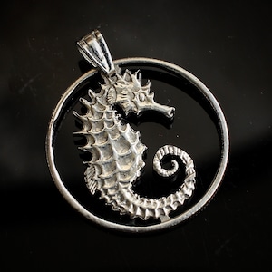 Singapore 10 Cents Cut Coin Pendant with necklace, crowned seahorse Bedok ocean beach sea