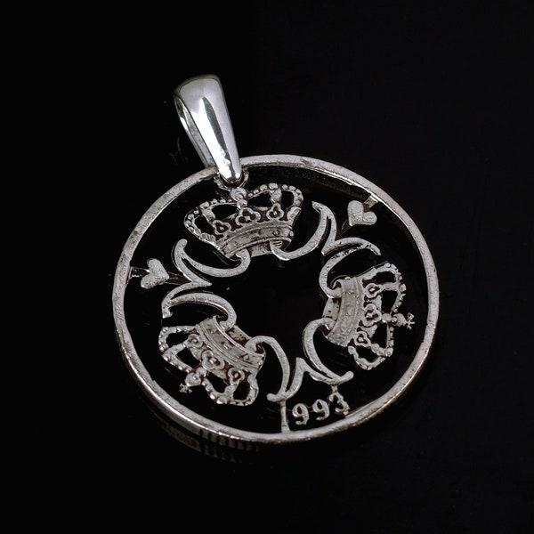 Denmark 2 Kroner Cut Coin pendant with Necklace Danish INITIAL M Danes Nordic Scandinavian