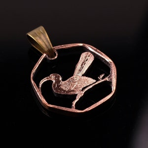 Botswana 5 Thebe Red-billed bird cut coin pendant with necklace African tribal shield bull