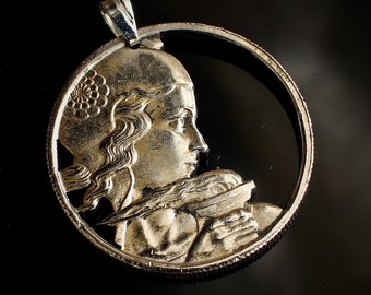 1954-55 France 100 francs Cut Coin pendant with necklace Marianne French Paris Marseilles Lyon