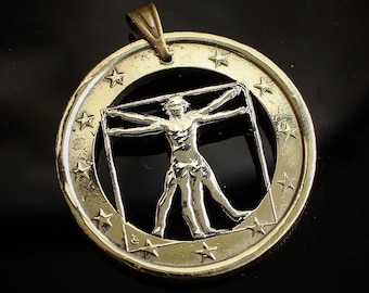 The Vitruvian Man, by Leonardo da Vinci Cut Coin Pendant with Necklace. 1 Euro Italy Coin 2002. New design