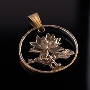 China 5 Jiao Cut Coin pendant with necklace Orchid blossom flower Chinese Asia
