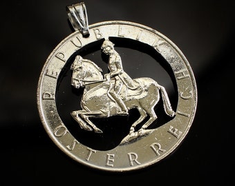 Austria 5 Schilling Cut Coin Pendant with necklace Austrian Lippizan horse jockey Wien