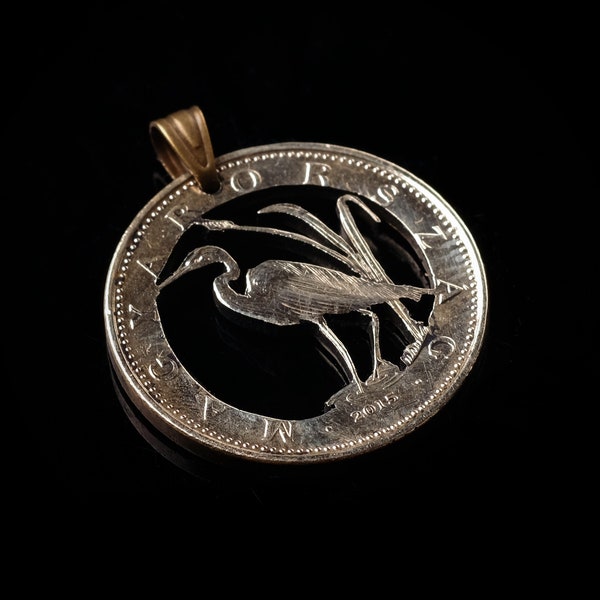 Hungary 5 Forint Crane bird Cut Coin Pendant with Necklace. White heron Budapest. Hand Cut