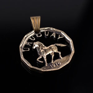 Uruguay 10 Centésimos  Horse cut coin pendant with necklace Coat of Arms LIberty 19mm.