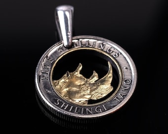 2018 Kenya 20 Shillings Rhino Cut Coin Pendant with necklace Kenyan Rhinos Nairobi East African