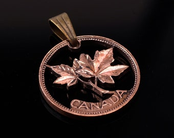 1965 Canada 1 cent A maple leaf twig  Cut coin pendant with necklace Hand cut 19 mm.