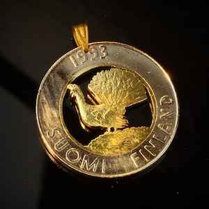 10 Markkaa Finland Capercaillie bird (Tetrao urogallus) Cut Coin Pendant with Necklace. Finland. Helsinki. Scandinavian