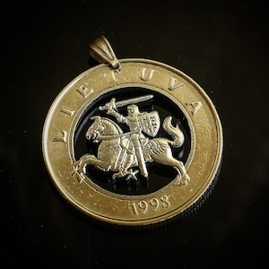 Lithuania 2 Litas, Cut Coin Pendant with Necklace. Lietuva Vytis horse armor knight Vilnius .