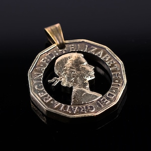 United Kingdom 3 Pence Elizabeth II Cut Coin Pendant with Necklace Qeen Portrait London Britain.