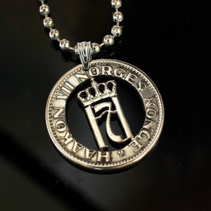 Norway ore Cut Coin Pendant with necklace  Norwegian crown Norge initial H Scandinavian