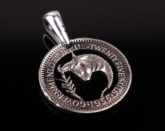 1955 Chypre Taureau 25 mils - Pendentif pièce taille Elizabeth II avec collier