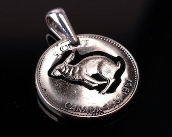 1967 Canada 5 cent Cut coin pendant with necklace Rabbit Bunny