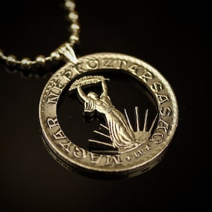 Hungary 10 forint cut coin pendant with necklace  Hungarian Strobl monument Budapest Ugrian