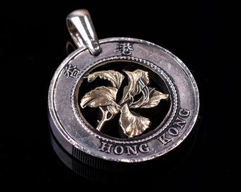 Hong Kong 10 dollars cut Coin Pendant with necklace Bauhinia Orchid flower.