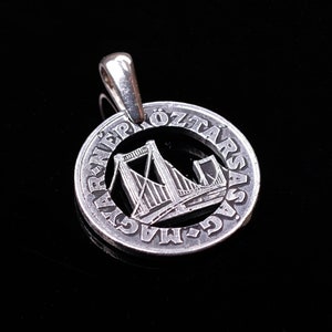 Hungary 50 Fillér cut coin pendant with necklace Hungarian Elisabeth Széchenyi Chain Bridge, Budapest