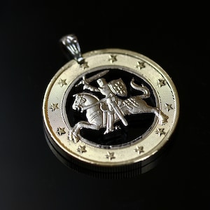 Lithuania 1 Euro, Cut Coin Pendant with Necklace. Lietuva Vytis horse armor knight Vilnius .