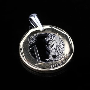 1 dollar Singapore Lion-head cut coin pendant with necklace. The Merlion