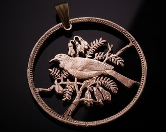 New Zealand 1 penny cut coin pendant with necklace Tui bird Hand cut.