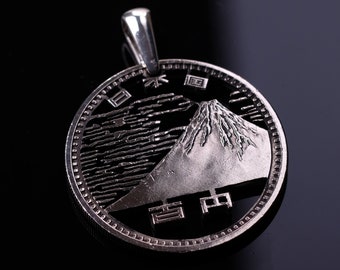 1970 Japan 100 Yen Cut Coin Pendant with Necklace mount Fuji, Japanese okyo Osaka Expo