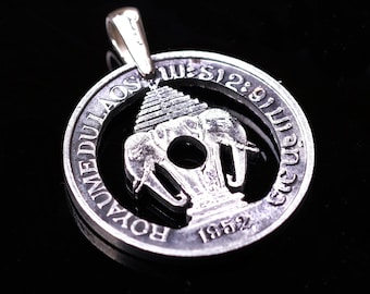 1952 Laos 20 Cents Cut Coin pendant with necklace elephants Vientiane Muang Lao Indochinese