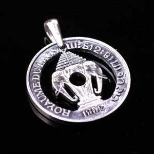 1952 Laos 20 Cents Cut Coin pendant with necklace elephants Vientiane Muang Lao Indochinese