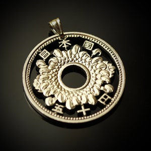 Japan 50 Yen Japanese Chrysanthemum flower  Cut Coin Pendant with Necklace Blossom flower Tokyo Yokohama. Hand Cut