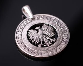 Poland 20 Zlotiy cut coin pendant with necklace Polish white eagle Polska Warsaw Kraków