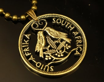 1960 South Africa 1/2 cent Cut Coin pendant with necklace LOVE BIRDS  Cape Town Sparrows