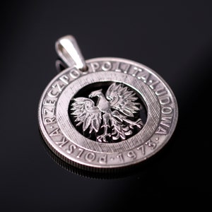 Poland 20 Zlotiy cut coin pendant with necklace Polish white eagle Polska Warsaw Kraków