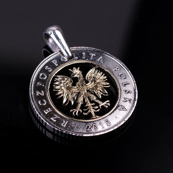 Poland 5 Zlotiy cut coin pendant with necklace Polish white eagle Polska Warsaw Kraków