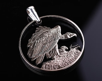 2 Hryvnia Ukraine Aegypius Monachus Pendant with Necklace, Hand Cut. cinereous vulture. Ukrainian shop