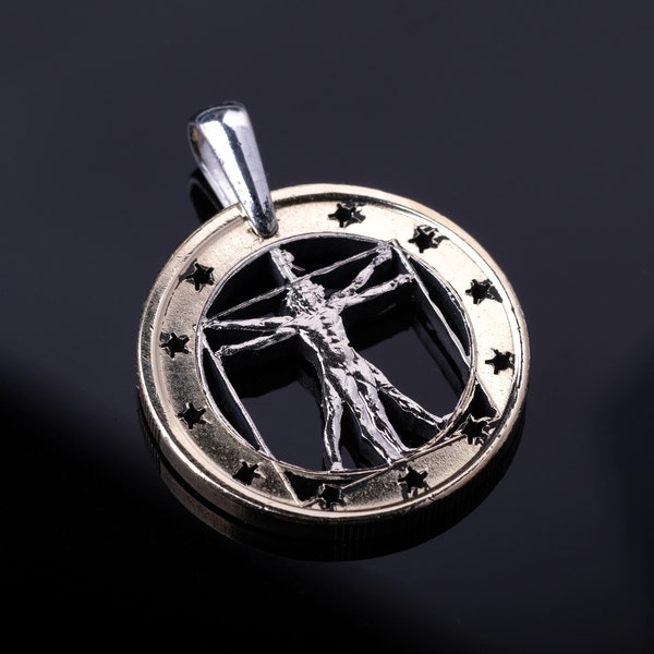 The Vitruvian Man, by Leonardo da Vinci Cut Coin Pendant with Necklace. 1 Euro Italy MUST HAVE!