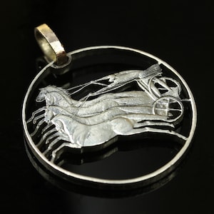 Vintage 500 Lire silver coin from Italy year 1961 with horses and chariot Cut Coin Pendant with Necklace.