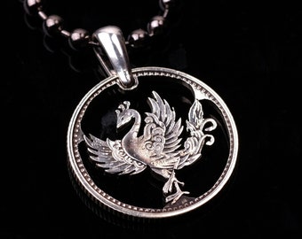 Japan Silver 100 Yen, 1958  - Taishō Phoenix  Cut Coin Pendant with Necklace Sun Tokyo Yokohama. New Design!