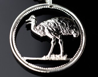 Pingente de moeda de 20 Toea da Papua Nova Guiné com colar, casuar, ave do paraíso, raggiana.