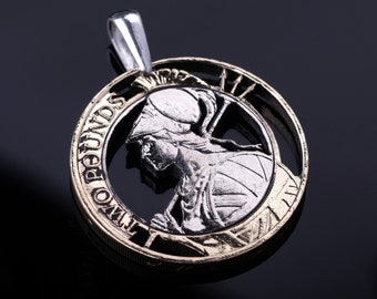 United Kingdom Britannia Cut Coin Pendant with necklace. Shakespeare, History British London