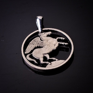 Greece Pegasus cut coin Pendant Necklace. Greek 10 Draxmai Coin. Hand Cut  Flying horse phoenix